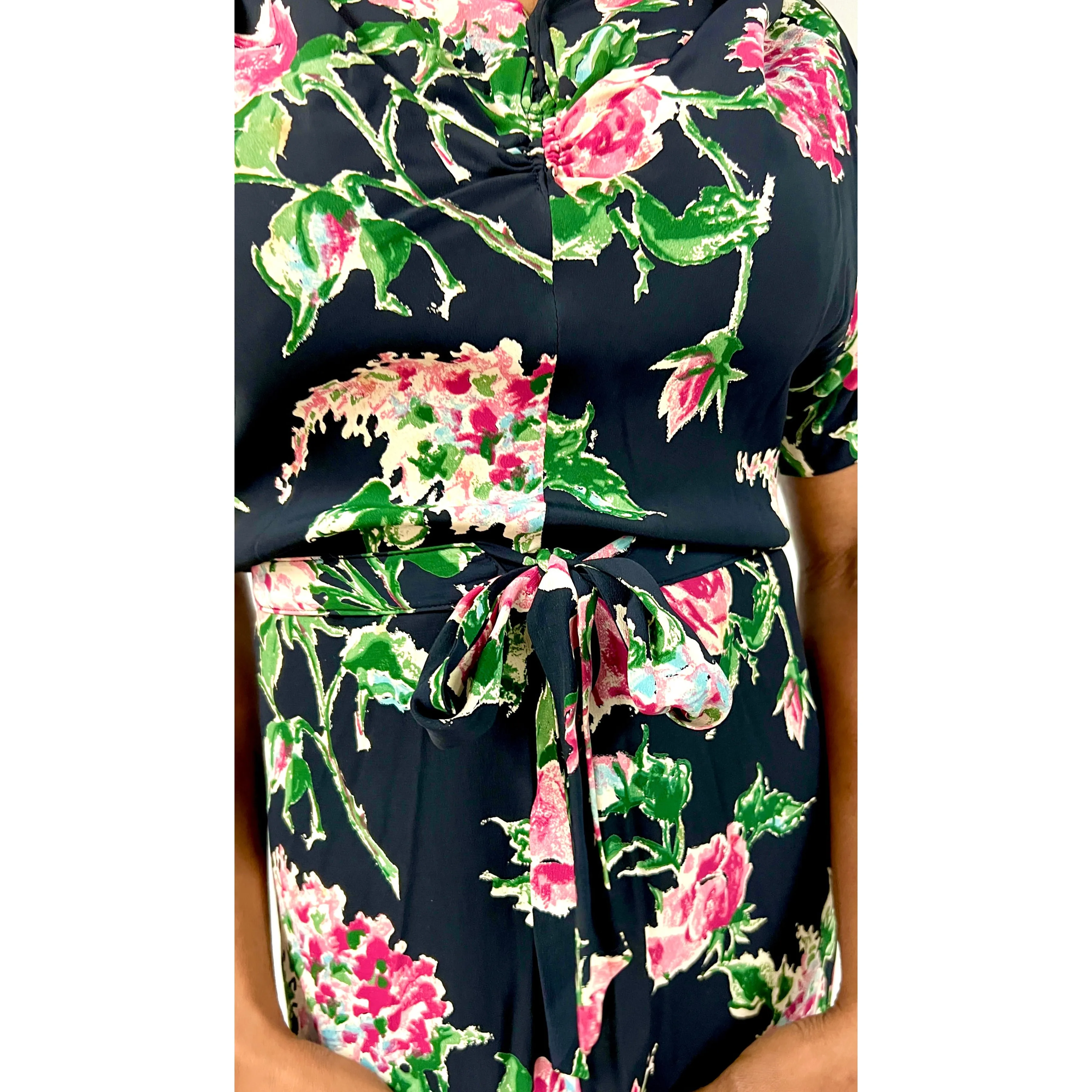 Amazing 1940s Black Famous Frocks Vintage Dress Rayon Print Black. Pink Floral  Womens M