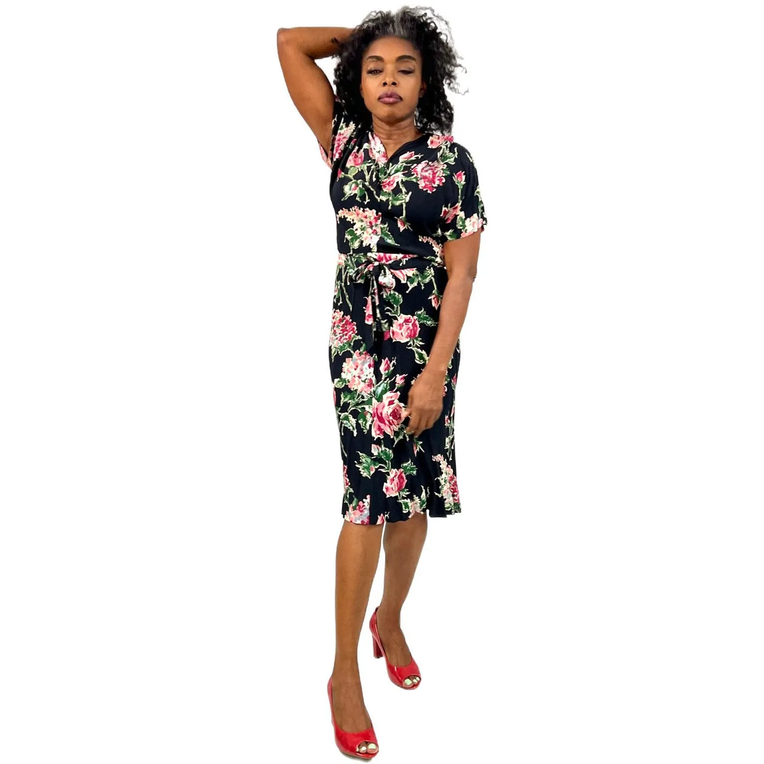 Amazing 1940s Black Famous Frocks Vintage Dress Rayon Print Black. Pink Floral  Womens M