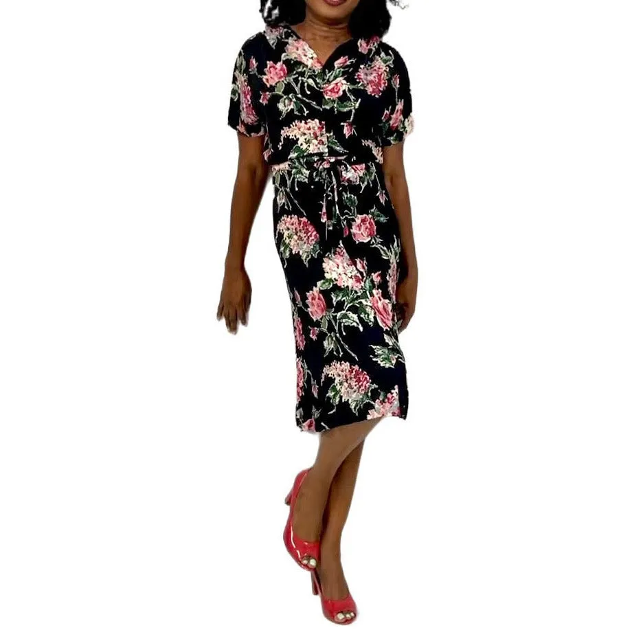 Amazing 1940s Black Famous Frocks Vintage Dress Rayon Print Black. Pink Floral  Womens M