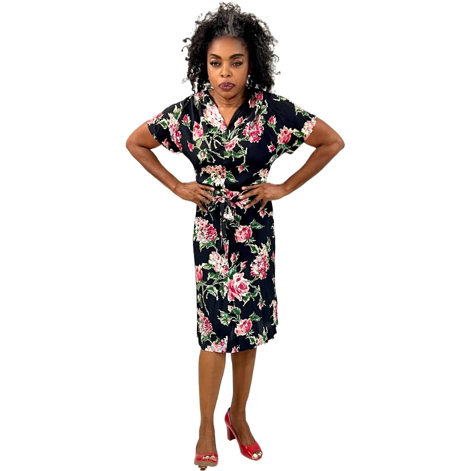 Amazing 1940s Black Famous Frocks Vintage Dress Rayon Print Black. Pink Floral  Womens M