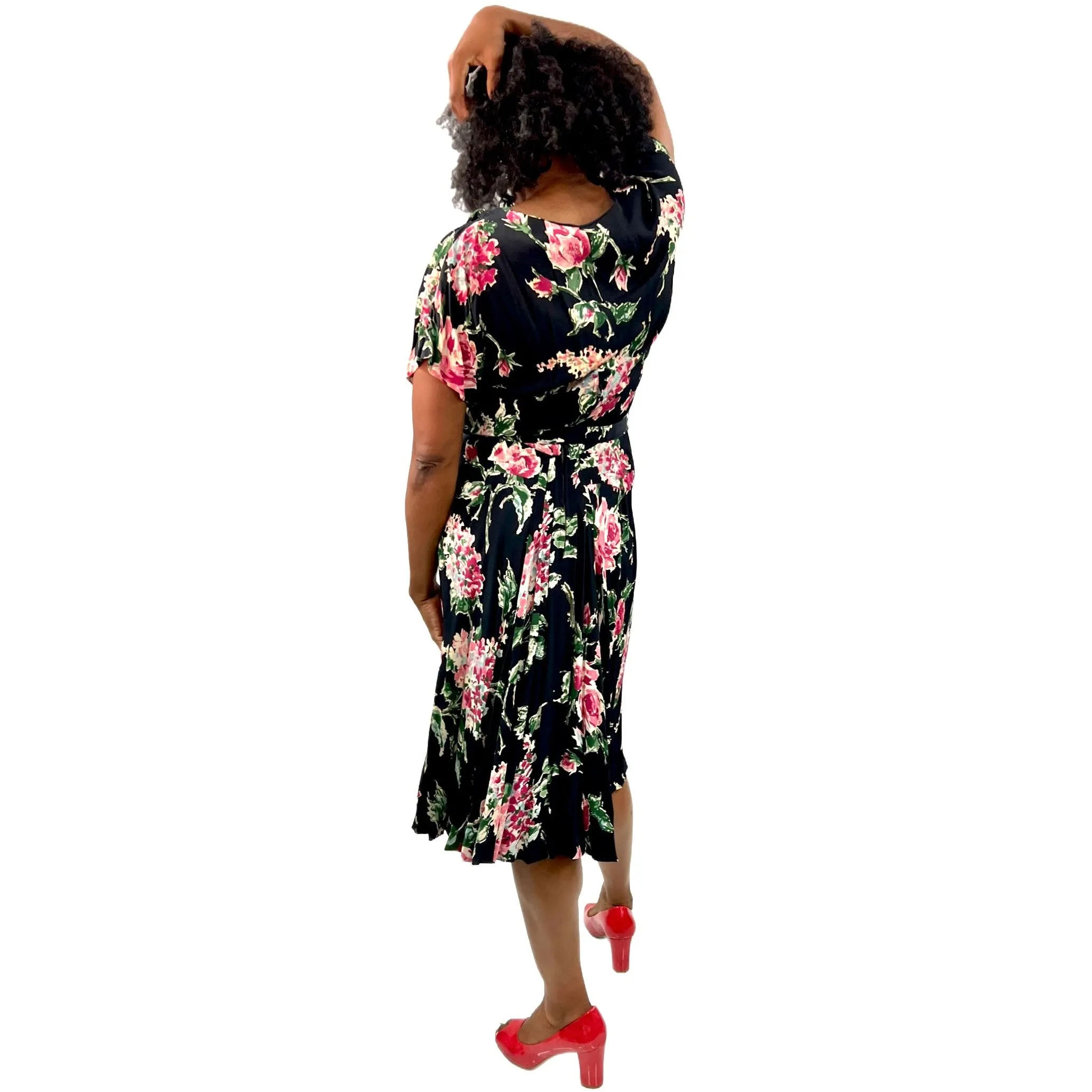 Amazing 1940s Black Famous Frocks Vintage Dress Rayon Print Black. Pink Floral  Womens M