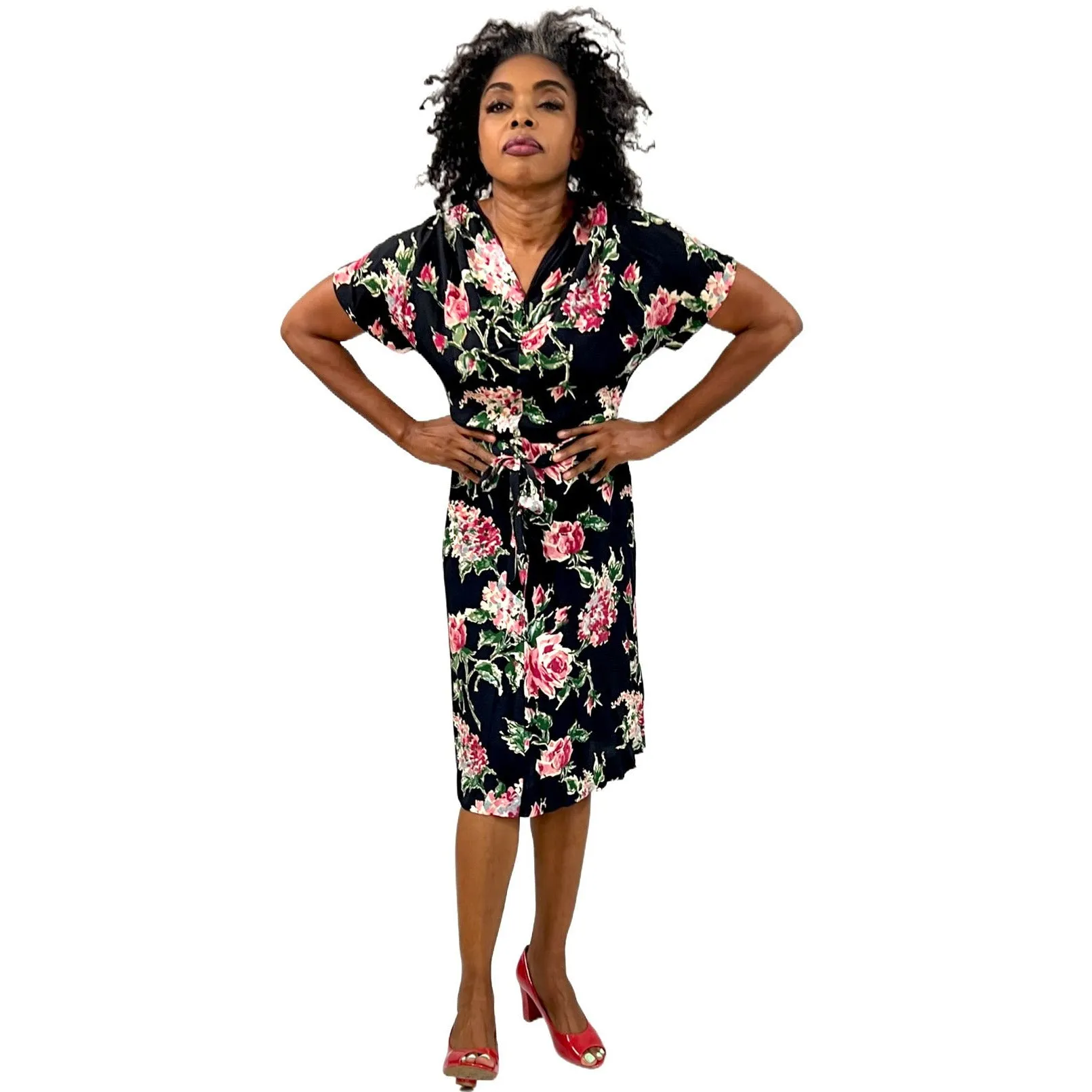 Amazing 1940s Black Famous Frocks Vintage Dress Rayon Print Black. Pink Floral  Womens M