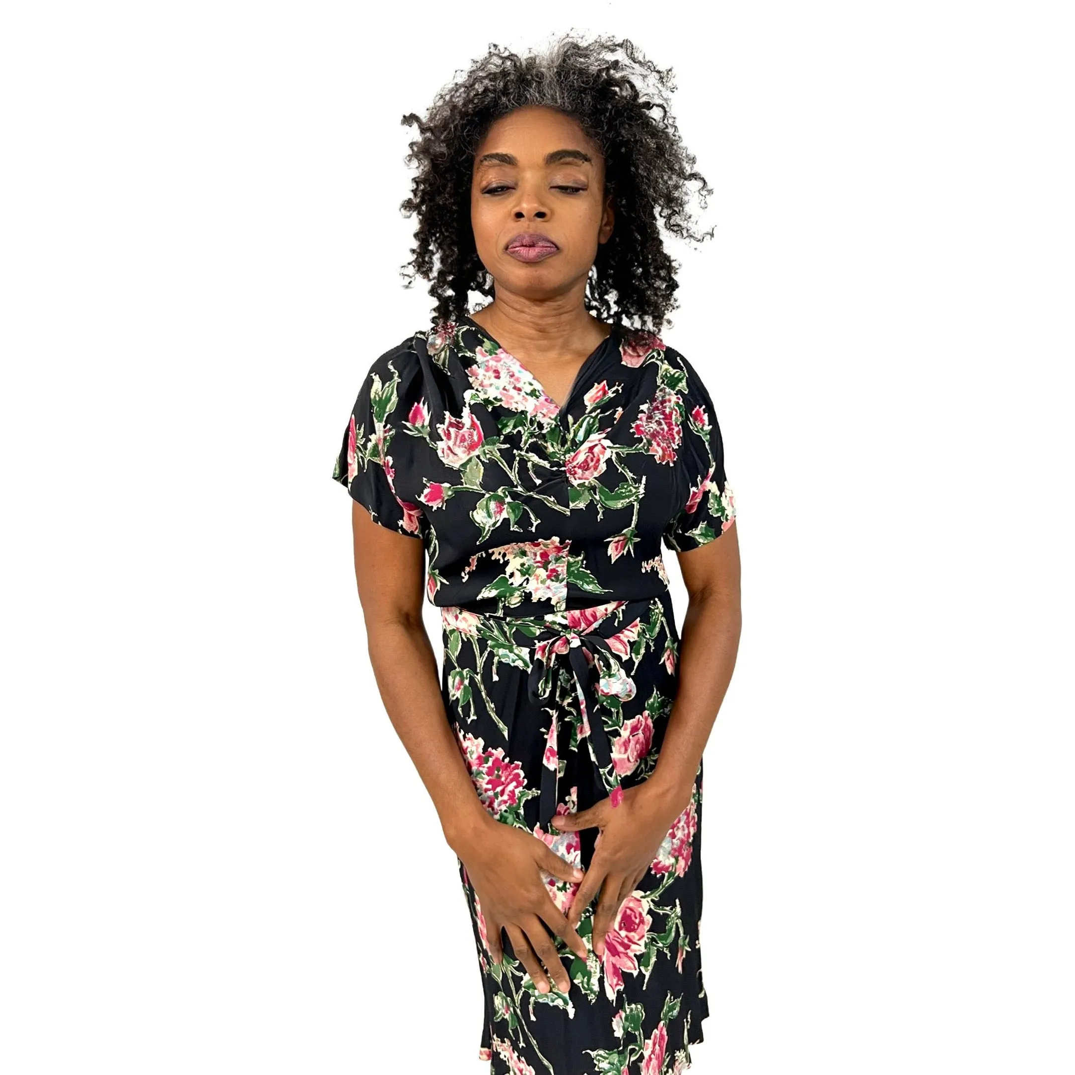 Amazing 1940s Black Famous Frocks Vintage Dress Rayon Print Black. Pink Floral  Womens M
