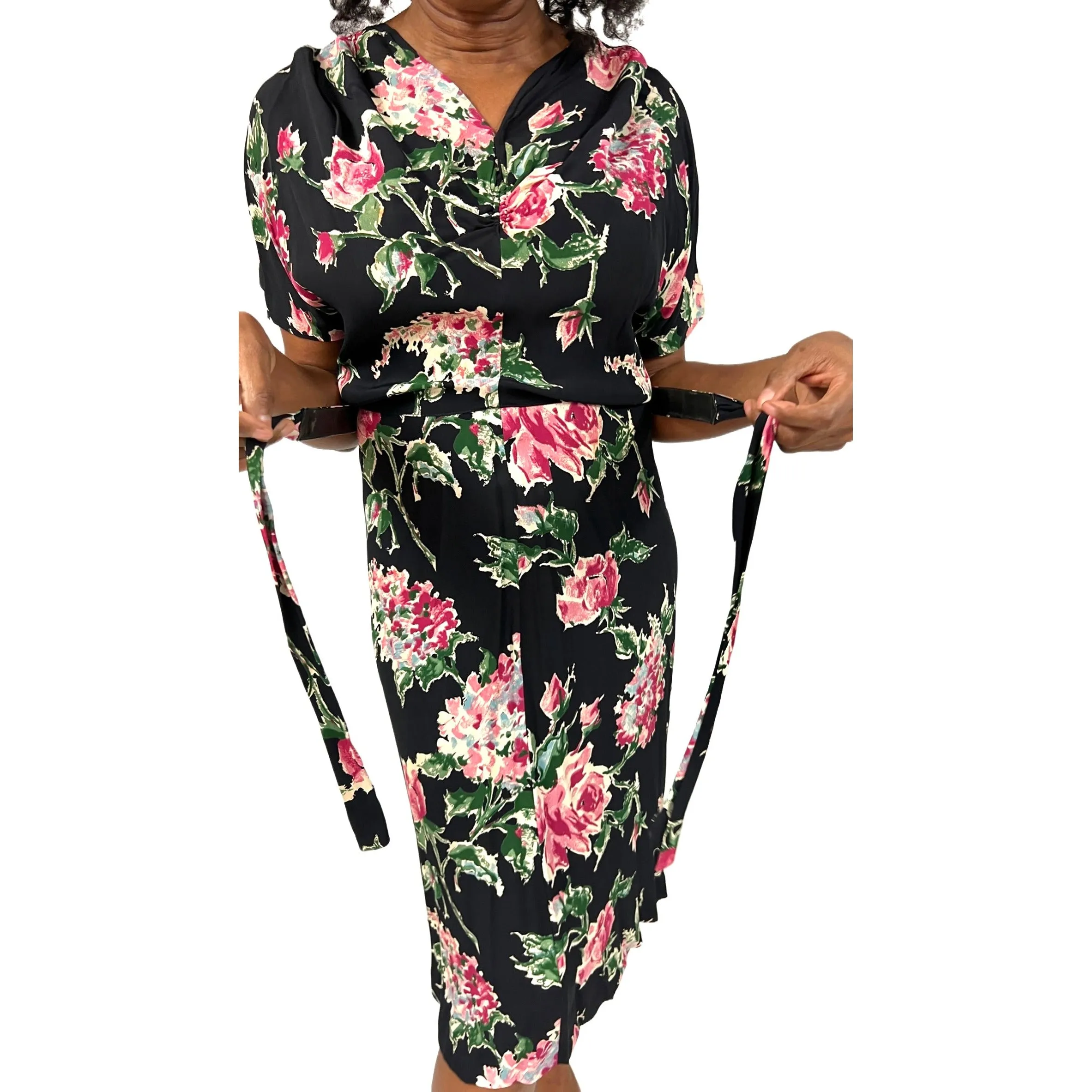 Amazing 1940s Black Famous Frocks Vintage Dress Rayon Print Black. Pink Floral  Womens M