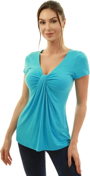 AmlieBoutik Women V Neck Twist Knot Front Casual T-Shirt Short Sleeve Blouse