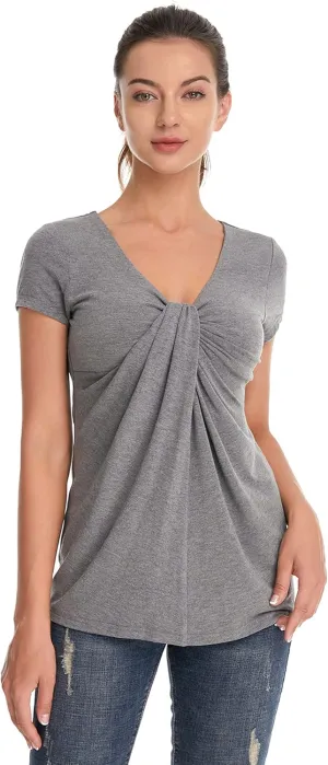 AmlieBoutik Women V Neck Twist Knot Front Casual T-Shirt Short Sleeve Blouse