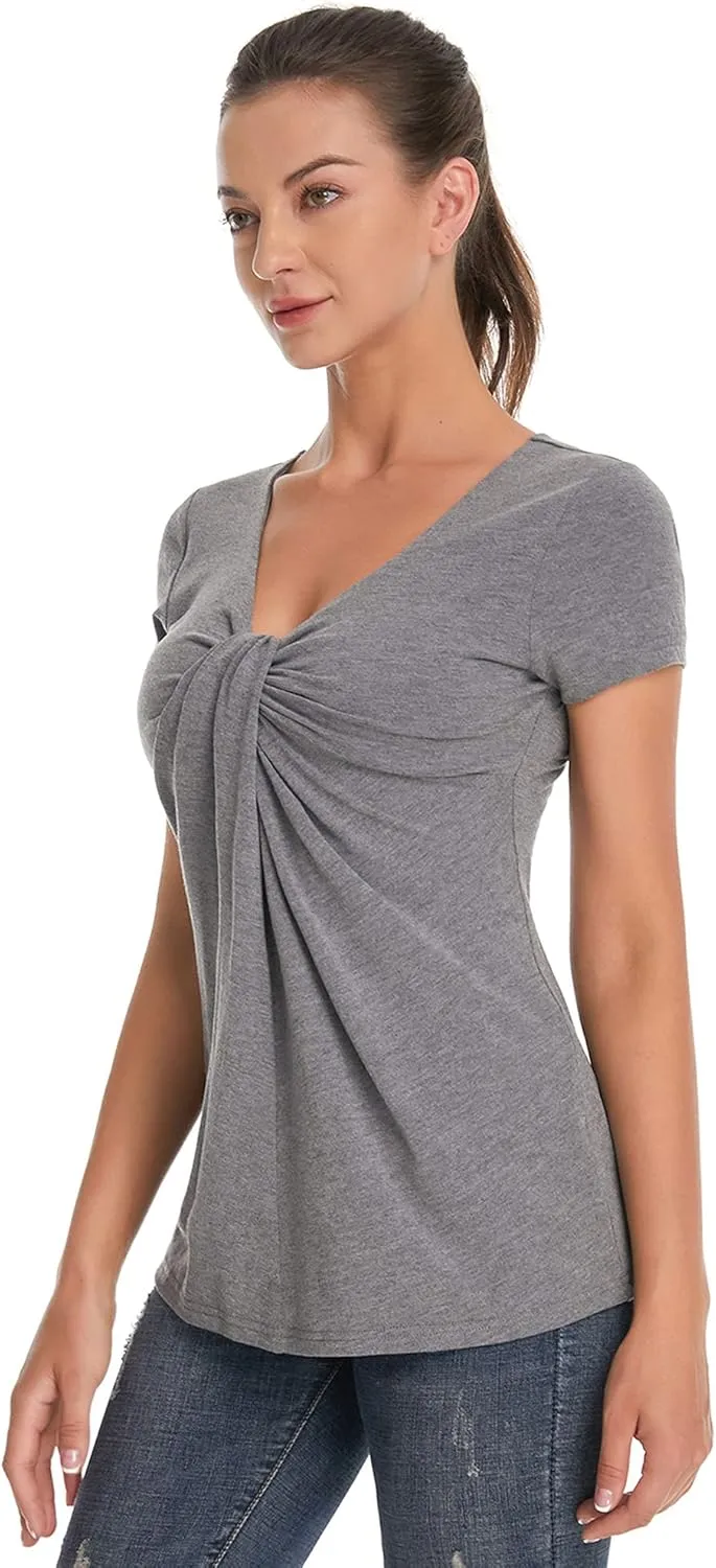 AmlieBoutik Women V Neck Twist Knot Front Casual T-Shirt Short Sleeve Blouse