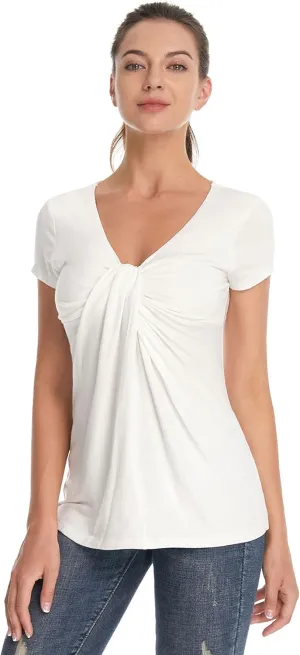 AmlieBoutik Women V Neck Twist Knot Front Casual T-Shirt Short Sleeve Blouse