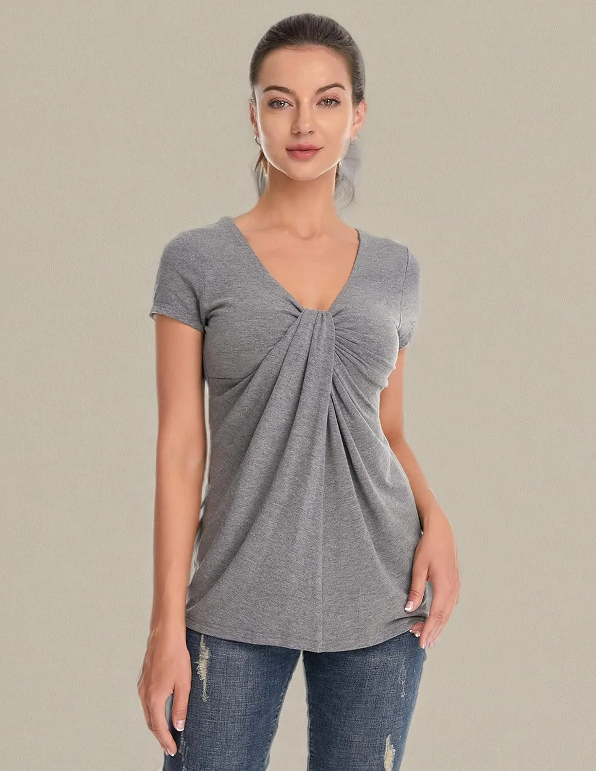 AmlieBoutik Women V Neck Twist Knot Front Casual T-Shirt Short Sleeve Blouse