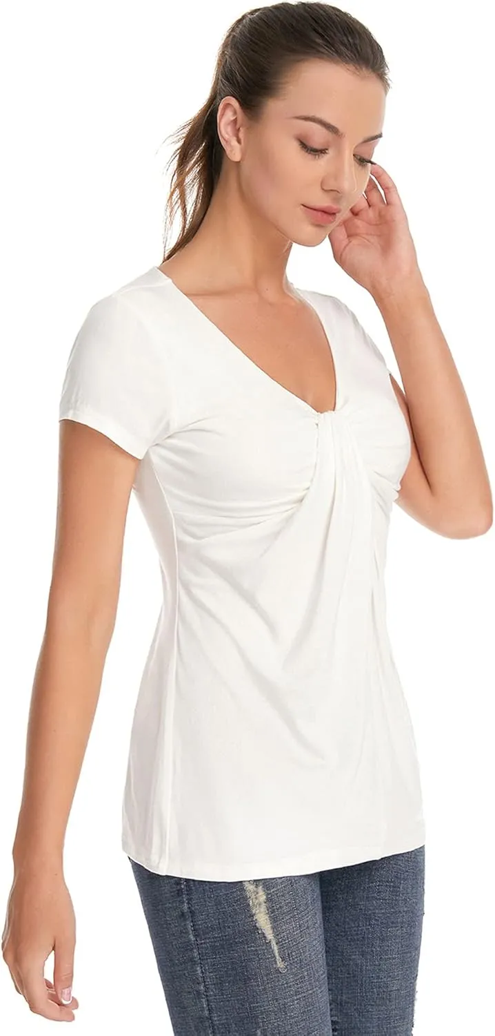 AmlieBoutik Women V Neck Twist Knot Front Casual T-Shirt Short Sleeve Blouse