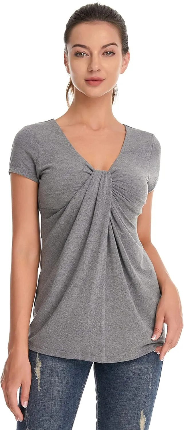 AmlieBoutik Women V Neck Twist Knot Front Casual T-Shirt Short Sleeve Blouse
