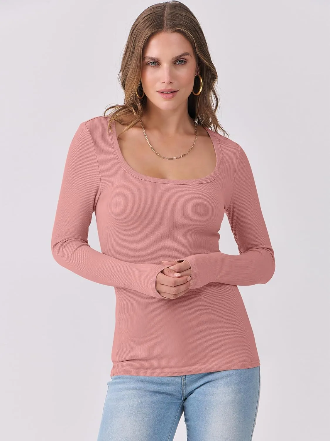 ANRABESS Women's Long Sleeve Tops Casual Scoop Neck Ribbed Knit Slim Fitted Basic Tee Shirts Trendy Spring Outfits