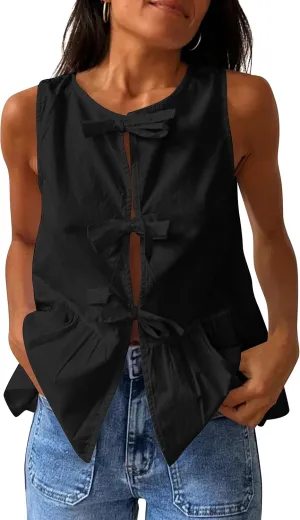 BAIGRAM Women Trendy Bow Tie Front Babydoll Tank Tops Sleeveless Peplum Ruffle Blouse Tie Up Summer Casual Dressy Tunic