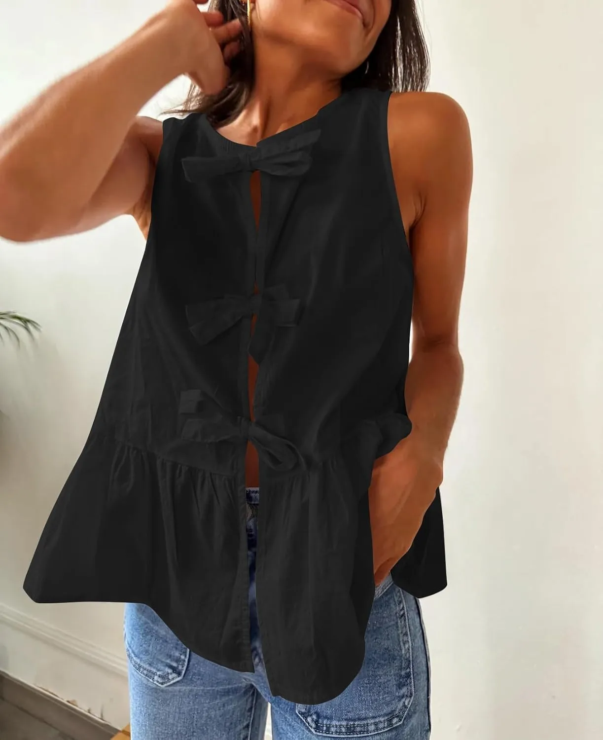 BAIGRAM Women Trendy Bow Tie Front Babydoll Tank Tops Sleeveless Peplum Ruffle Blouse Tie Up Summer Casual Dressy Tunic