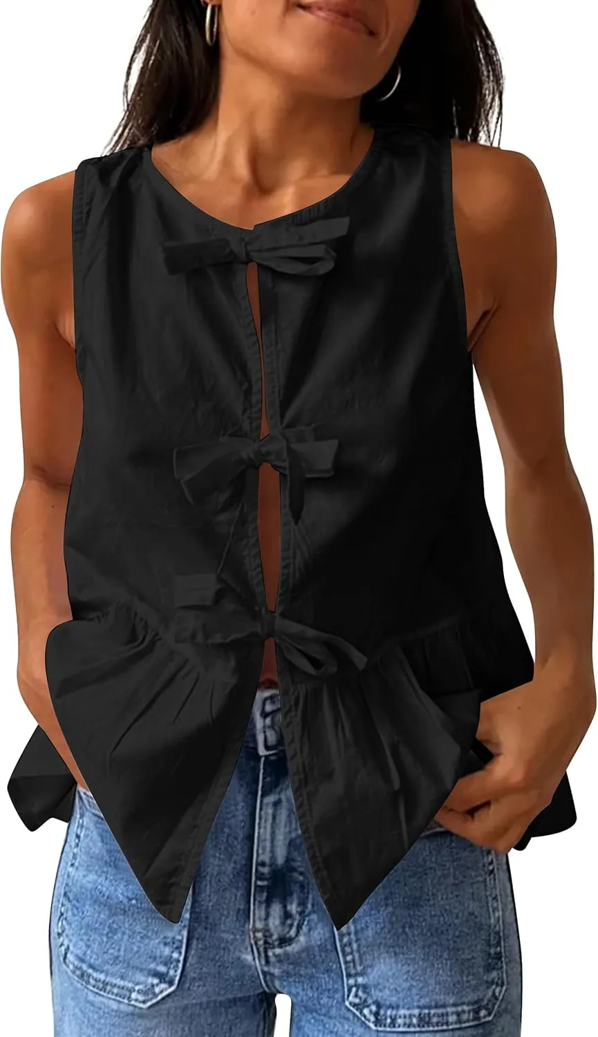 BAIGRAM Women Trendy Bow Tie Front Babydoll Tank Tops Sleeveless Peplum Ruffle Blouse Tie Up Summer Casual Dressy Tunic