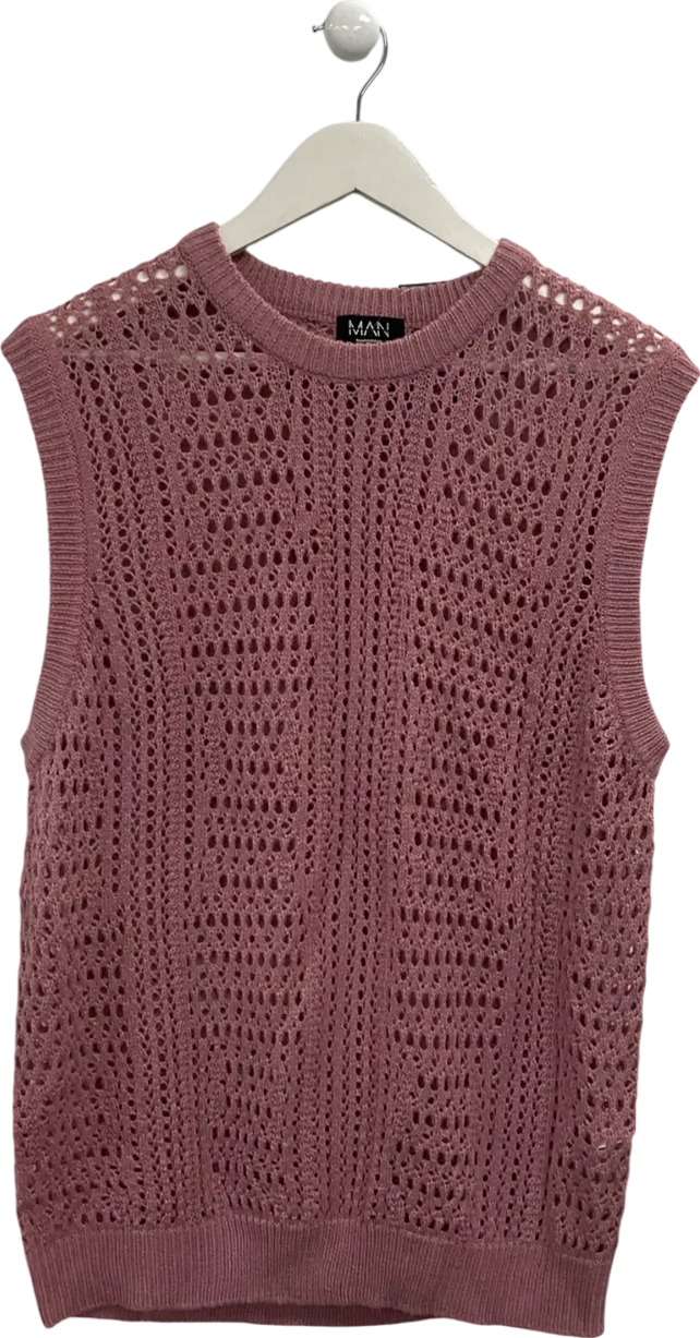boohooMan Pink Open Crochet Tank Top UK S