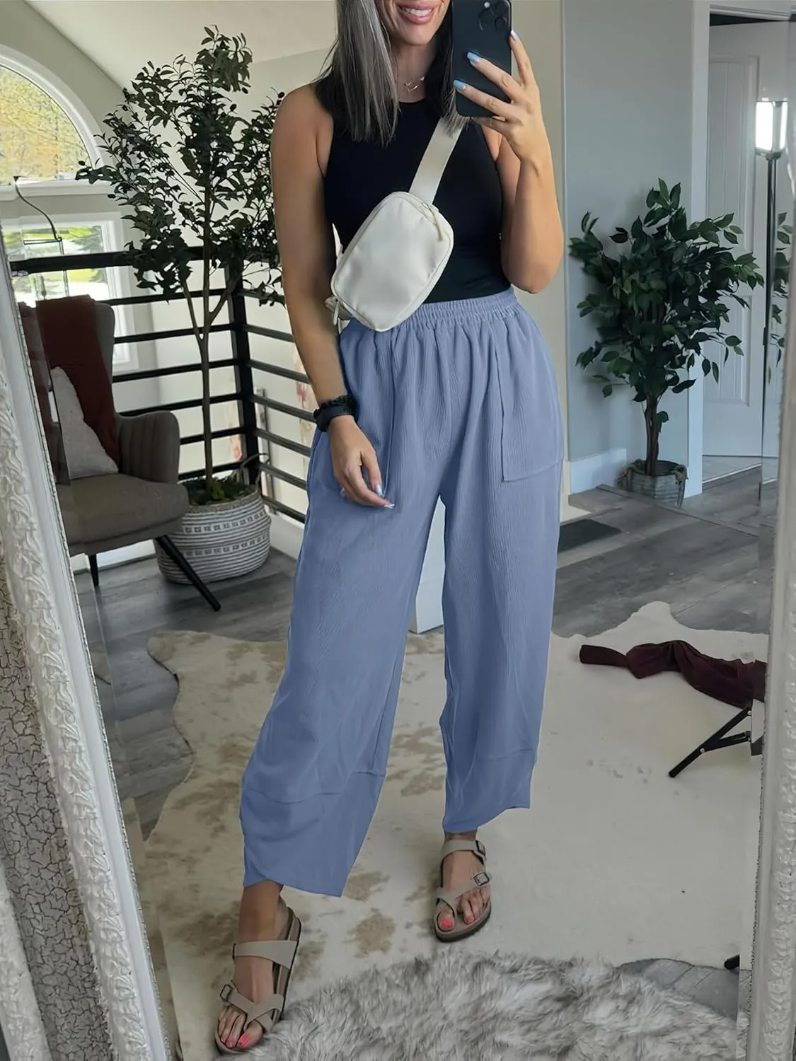 Caracilia Women Barrel Wide Leg Pants Casual Elastic Waist Loose Comfy Spring Vacation Travel Baggy Lounge Sweatpants