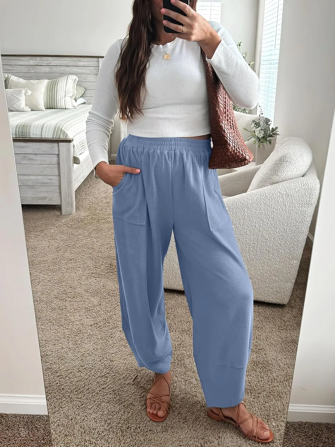 Caracilia Women Barrel Wide Leg Pants Casual Elastic Waist Loose Comfy Spring Vacation Travel Baggy Lounge Sweatpants
