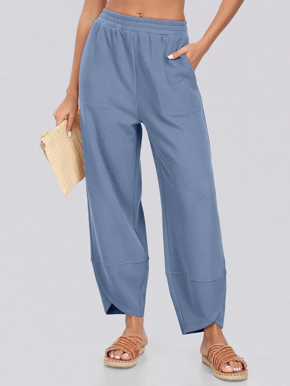 Caracilia Women Barrel Wide Leg Pants Casual Elastic Waist Loose Comfy Spring Vacation Travel Baggy Lounge Sweatpants