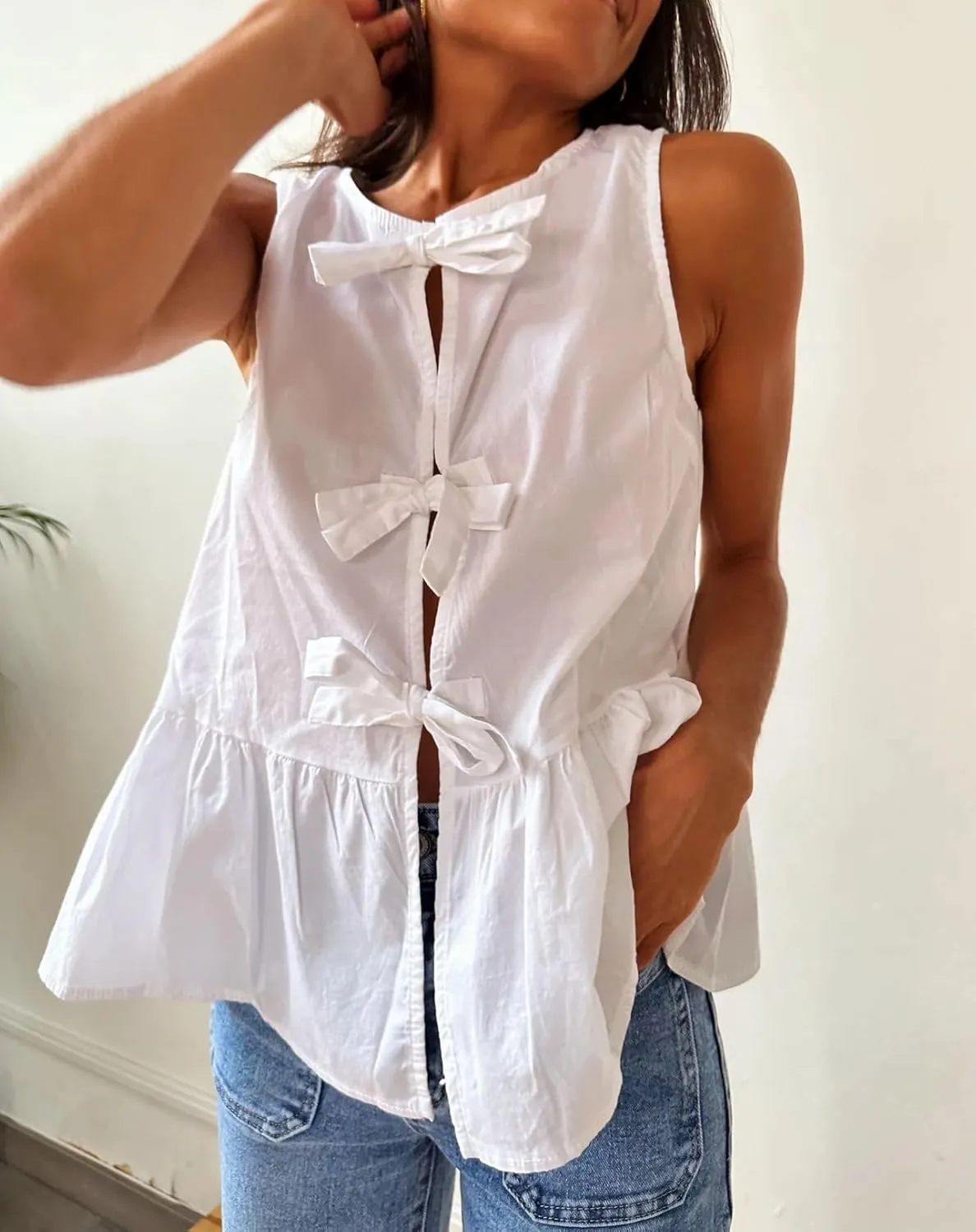 Cioatin Women Sleeveless Bow Tie Front Peplum Tank Tops Loose Fit Cut Out Cotton Babydoll Blouse Shirt Going Out Summer