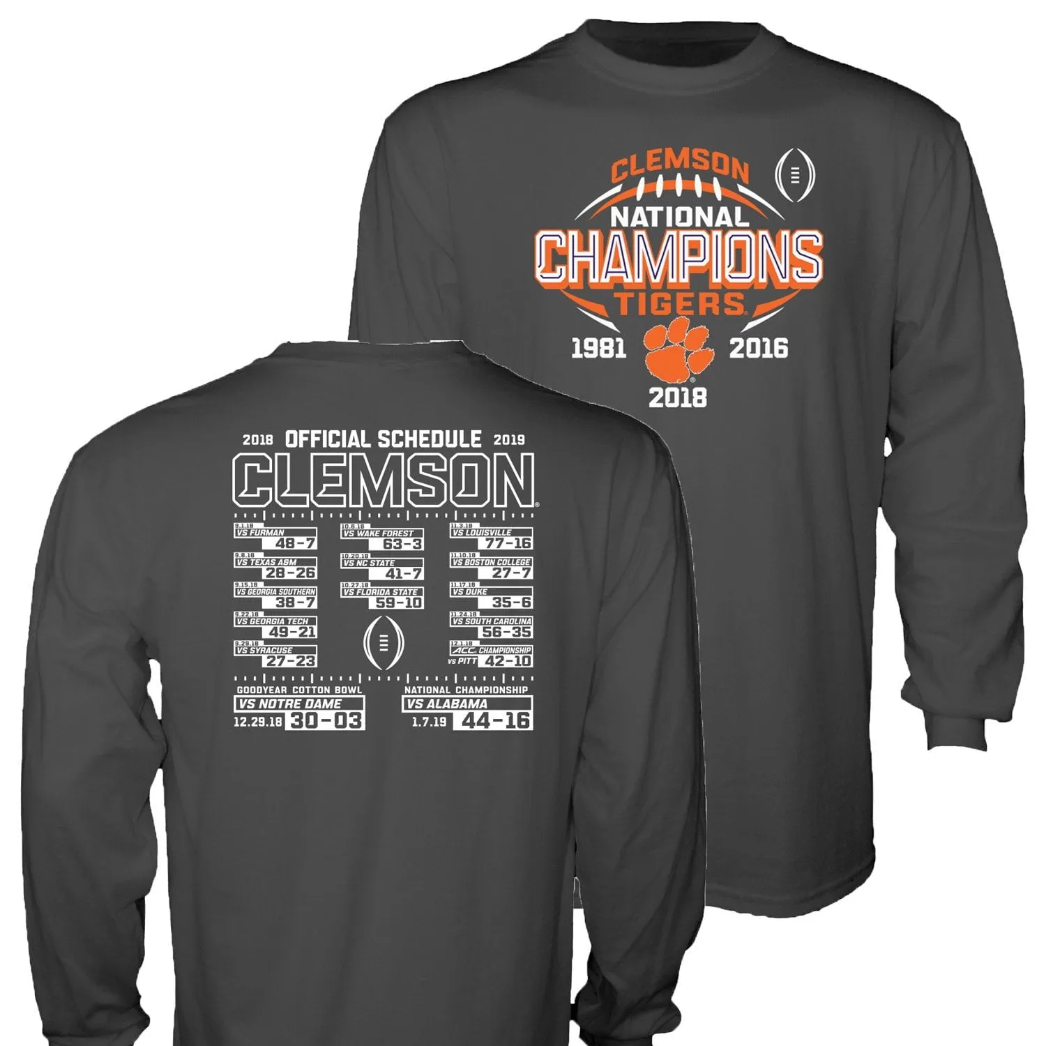 Clemson Tigers 2018-2019 Football National Champions Gray Long Sleeve T-Shirt