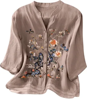 Cotton Linen Shirts for Women 2025 Floral Embroidered Tops Boho Ethnic Women 3/4 Sleeve V Neck Gauze Tunic Tshirt