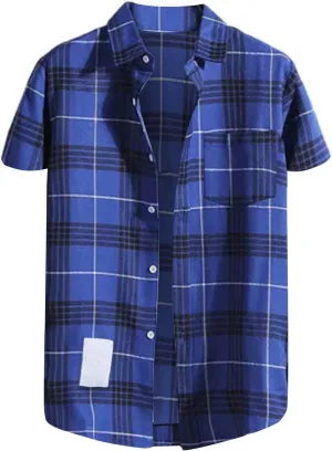 CRNTCEM Mens Short Sleeve Casual Plaid Shirts Cotton Regular Fit Button Down Gingham Shirts Summer Loose Dresses Blouses