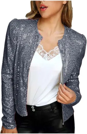 Fashion Sequin Jacket Women's Casual Party Elegant Sparkle Long Sleeve Jackets Glitter Front Zip Blazer Bomber Jacket