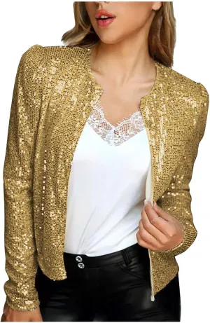 Fashion Sequin Jacket Women's Casual Party Elegant Sparkle Long Sleeve Jackets Glitter Front Zip Blazer Bomber Jacket