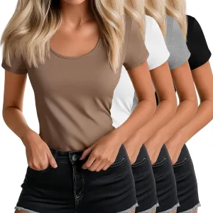 Ficerd 4 Pack Women's Scoop Neck Short Sleeve Shirts Slim Fitted Tops Stretchy Tight Casual Basic Summer Tees(Black, Light Gray, White, Khaki,Small)