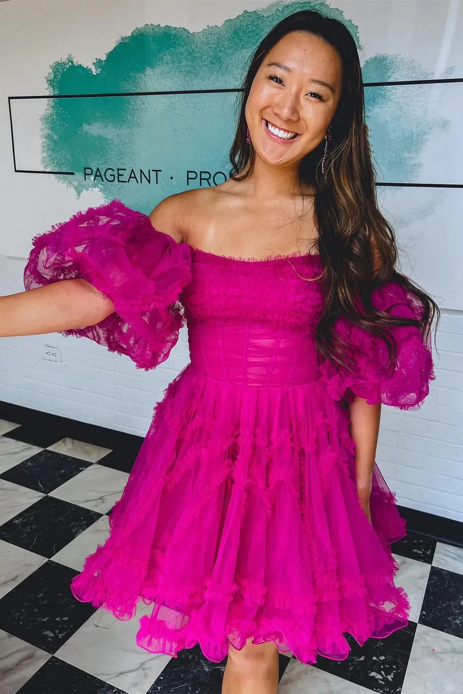 Fuchsia Pink Off Shoulders Ruffles Homecoming Dress