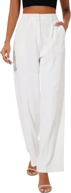 FUNYYZO Women Suit Pants Wide Leg Pants High Elastic Waisted in The Back Business Work Trousers Long Straight White
