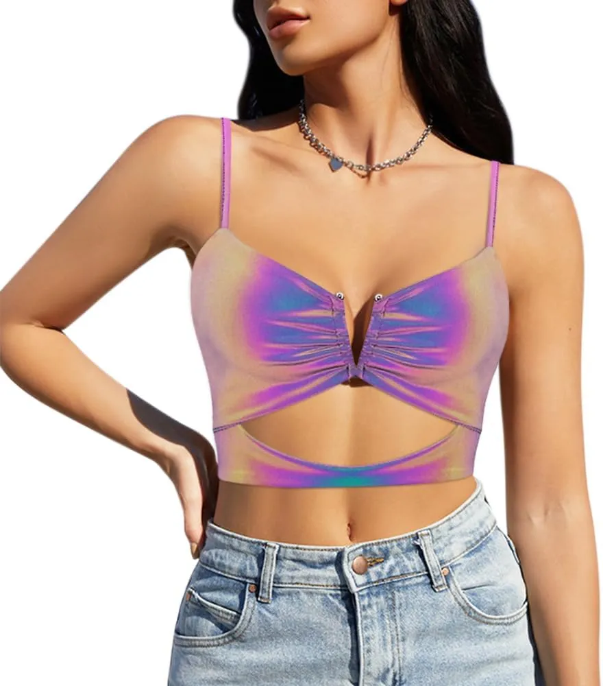 Giovacker Women's Slim Adjustable Spaghetti Straps Crop Tops Bandage Cutout Tube Top Tank Cami Champagne