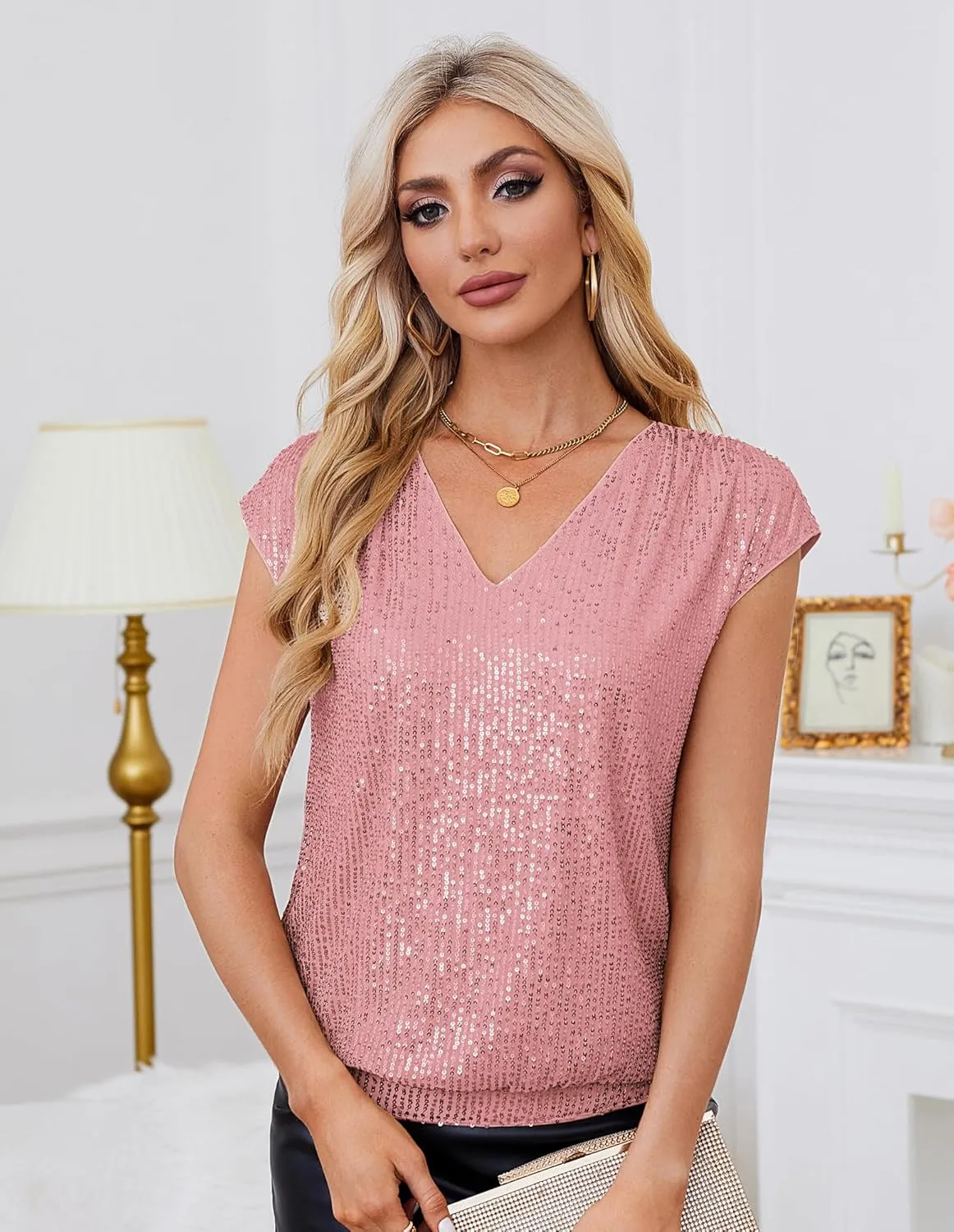 GRACE KARIN V Neck Sequin Short Sleeve Tops for Women Elastic Sparkly Tank Top for Party