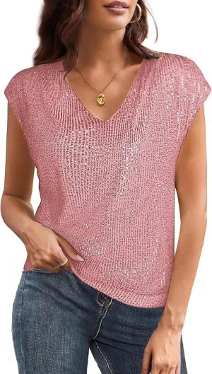 GRACE KARIN V Neck Sequin Short Sleeve Tops for Women Elastic Sparkly Tank Top for Party