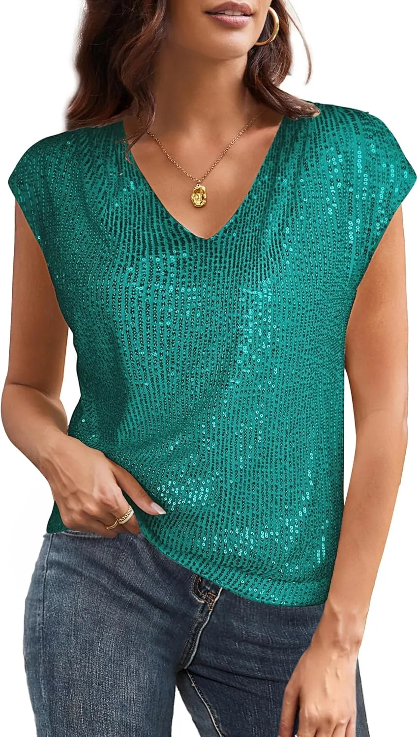 GRACE KARIN V Neck Sequin Short Sleeve Tops for Women Elastic Sparkly Tank Top for Party
