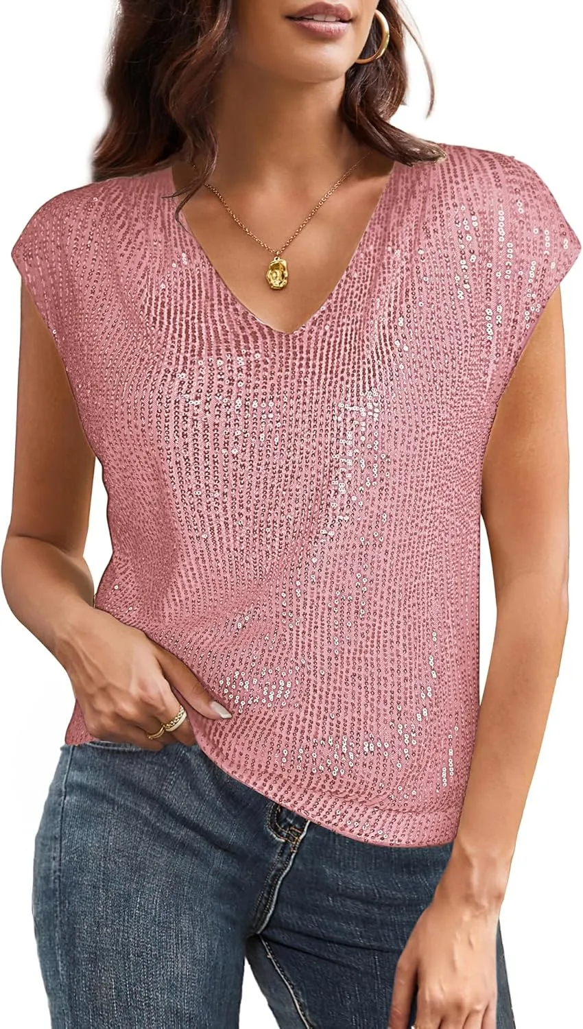 GRACE KARIN V Neck Sequin Short Sleeve Tops for Women Elastic Sparkly Tank Top for Party