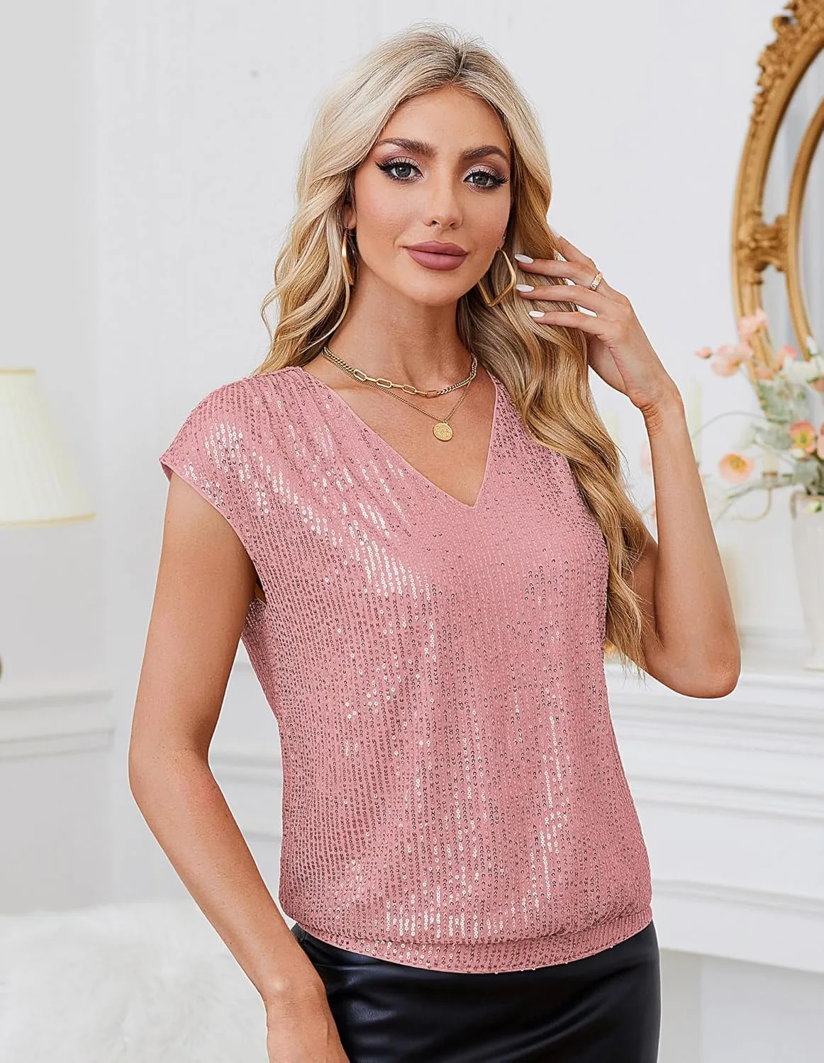 GRACE KARIN V Neck Sequin Short Sleeve Tops for Women Elastic Sparkly Tank Top for Party