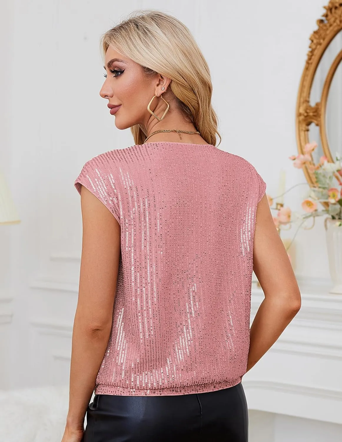 GRACE KARIN V Neck Sequin Short Sleeve Tops for Women Elastic Sparkly Tank Top for Party