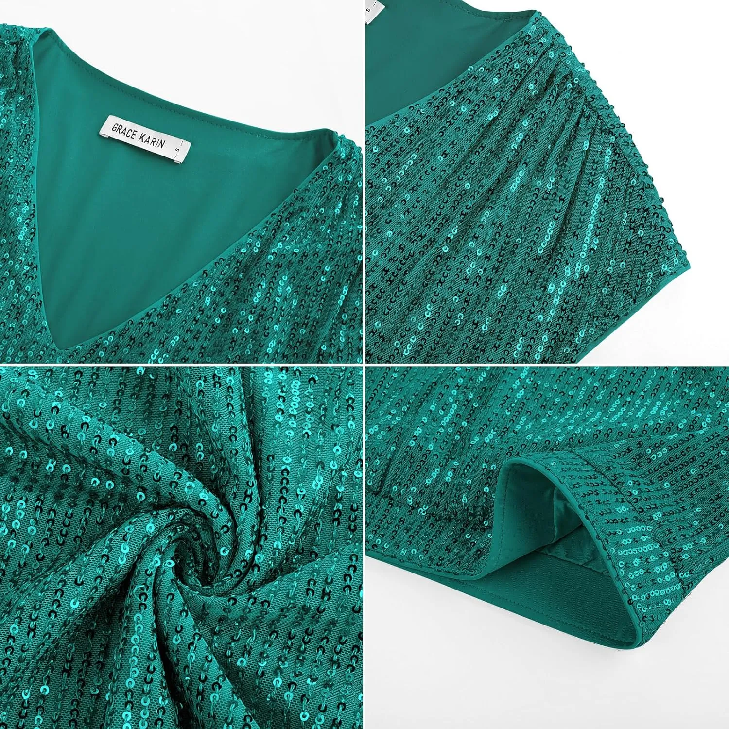 GRACE KARIN V Neck Sequin Short Sleeve Tops for Women Elastic Sparkly Tank Top for Party