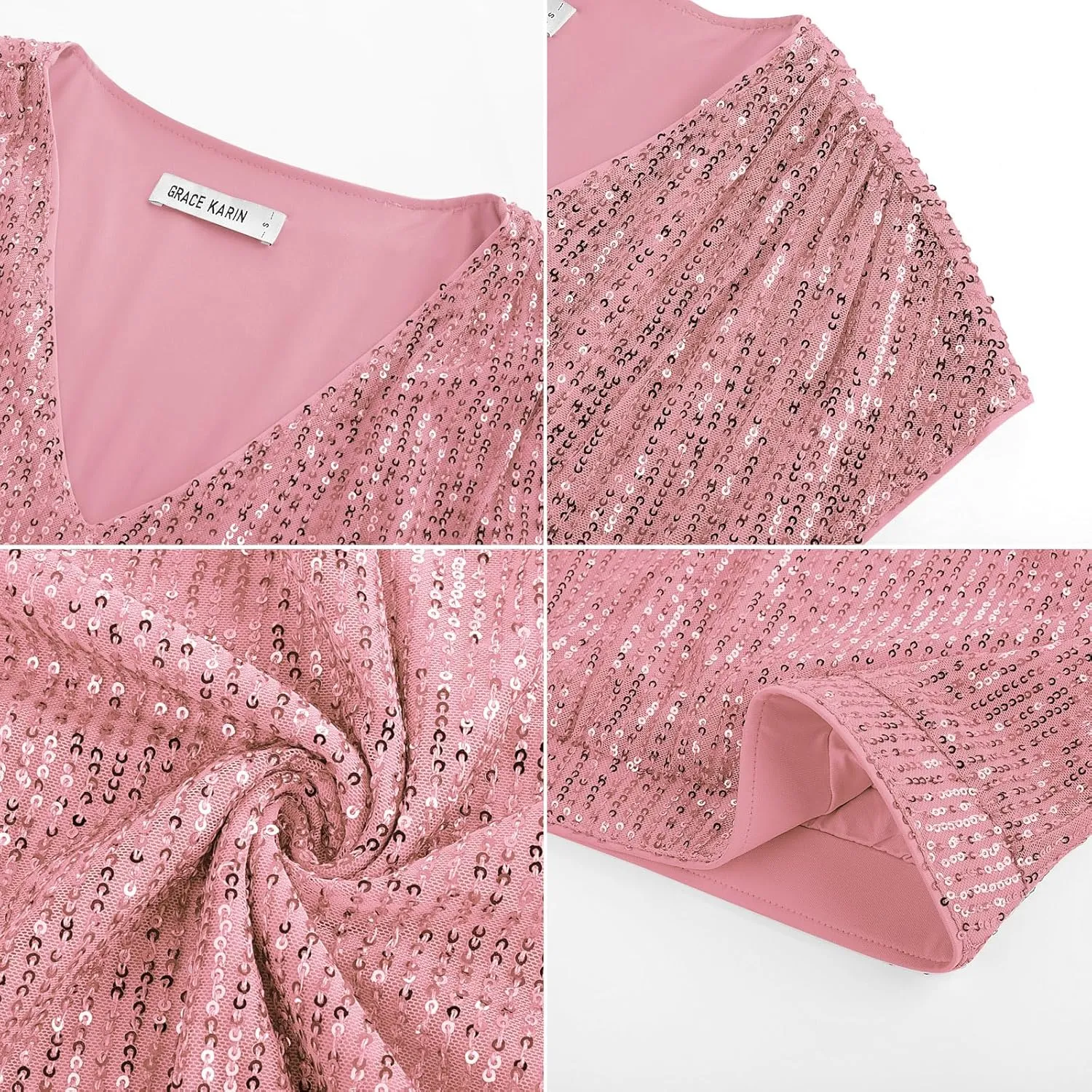 GRACE KARIN V Neck Sequin Short Sleeve Tops for Women Elastic Sparkly Tank Top for Party