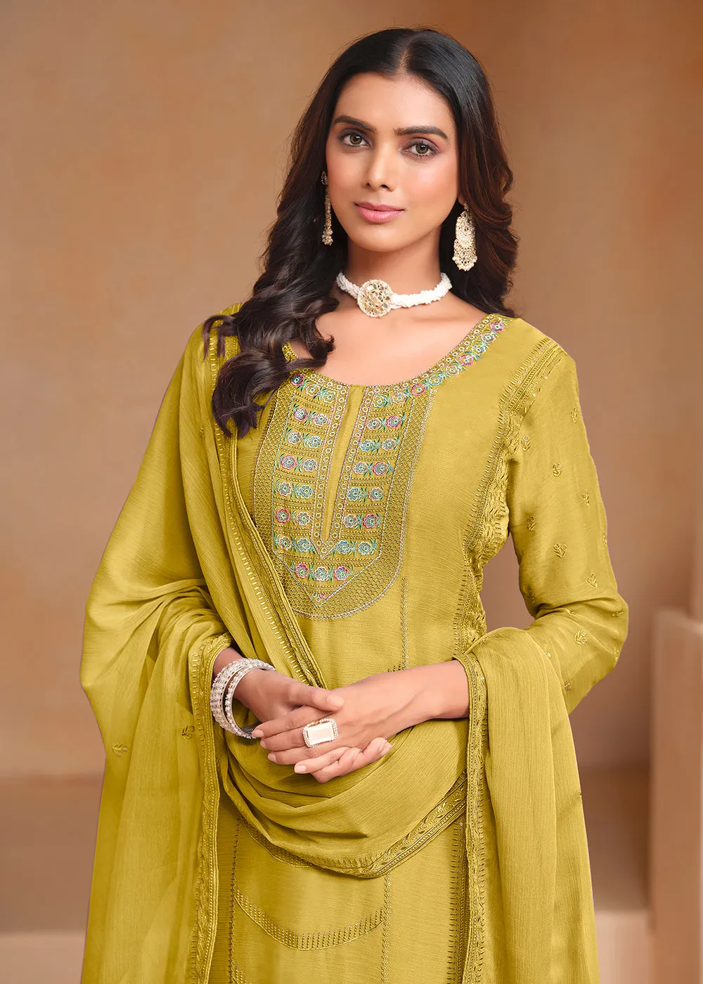 Green Organza Chiffon Embroidered Festive Salwar Suit