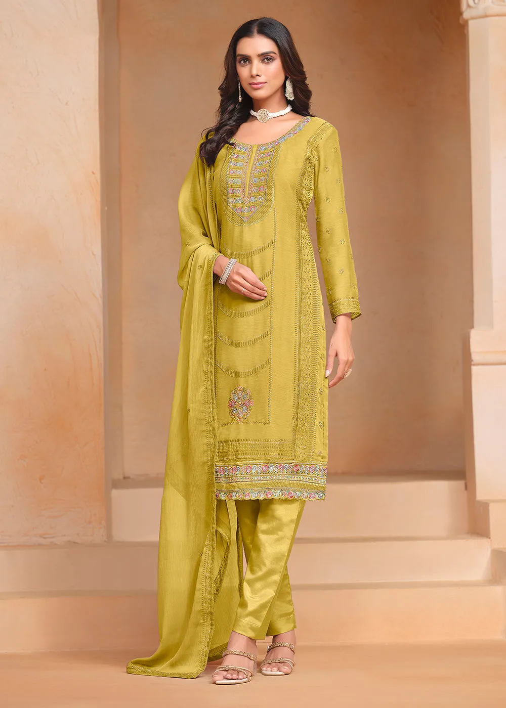 Green Organza Chiffon Embroidered Festive Salwar Suit