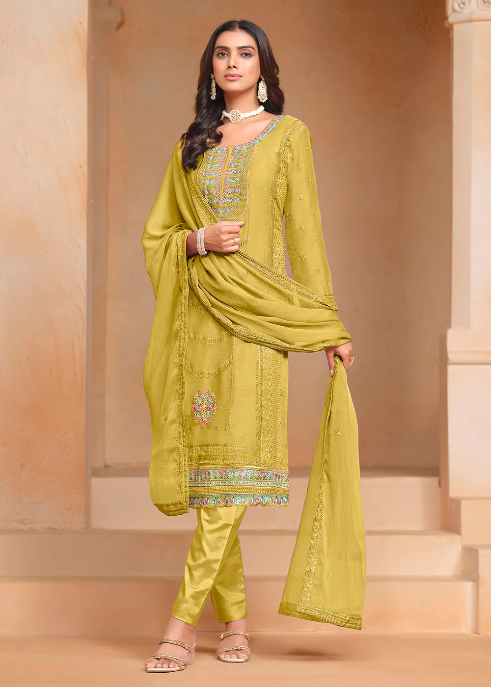 Green Organza Chiffon Embroidered Festive Salwar Suit