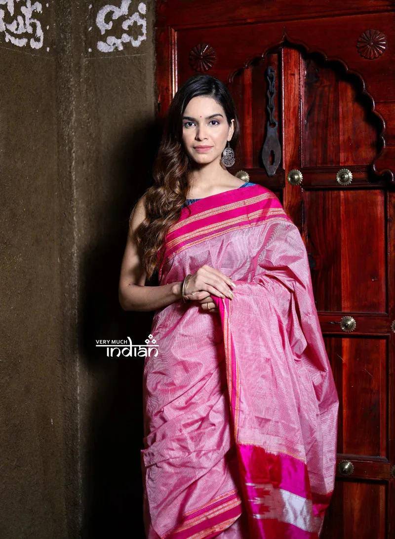 Handloom Cotton Silk Ilkal Saree with Pure Resham Pallu - Baby Pink with Rose Pink Border