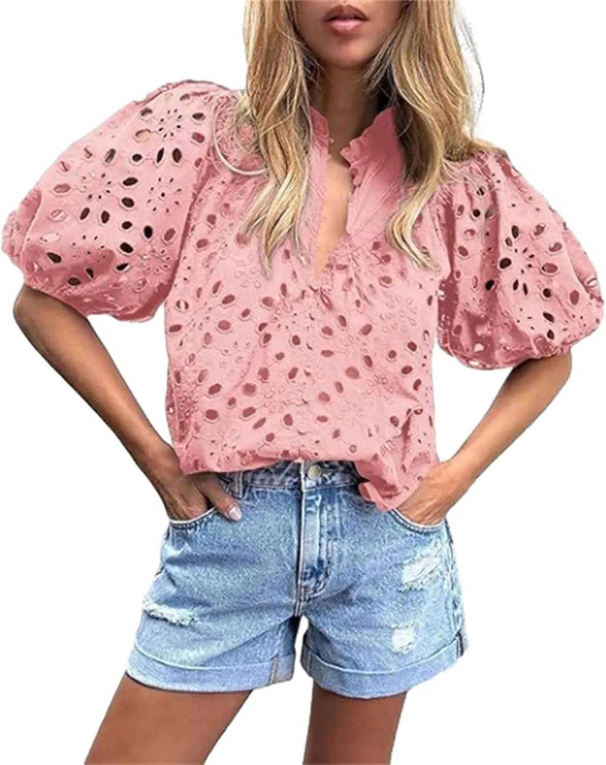 hathne Women's Embroidered Eyelet Blouses Tops Summer V Neck Hollow Out Lantern Short Sleeve Shirts