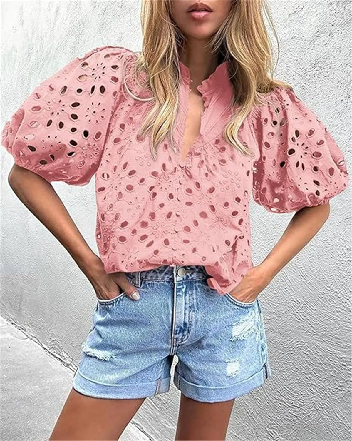 hathne Women's Embroidered Eyelet Blouses Tops Summer V Neck Hollow Out Lantern Short Sleeve Shirts