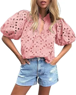 hathne Women's Embroidered Eyelet Blouses Tops Summer V Neck Hollow Out Lantern Short Sleeve Shirts