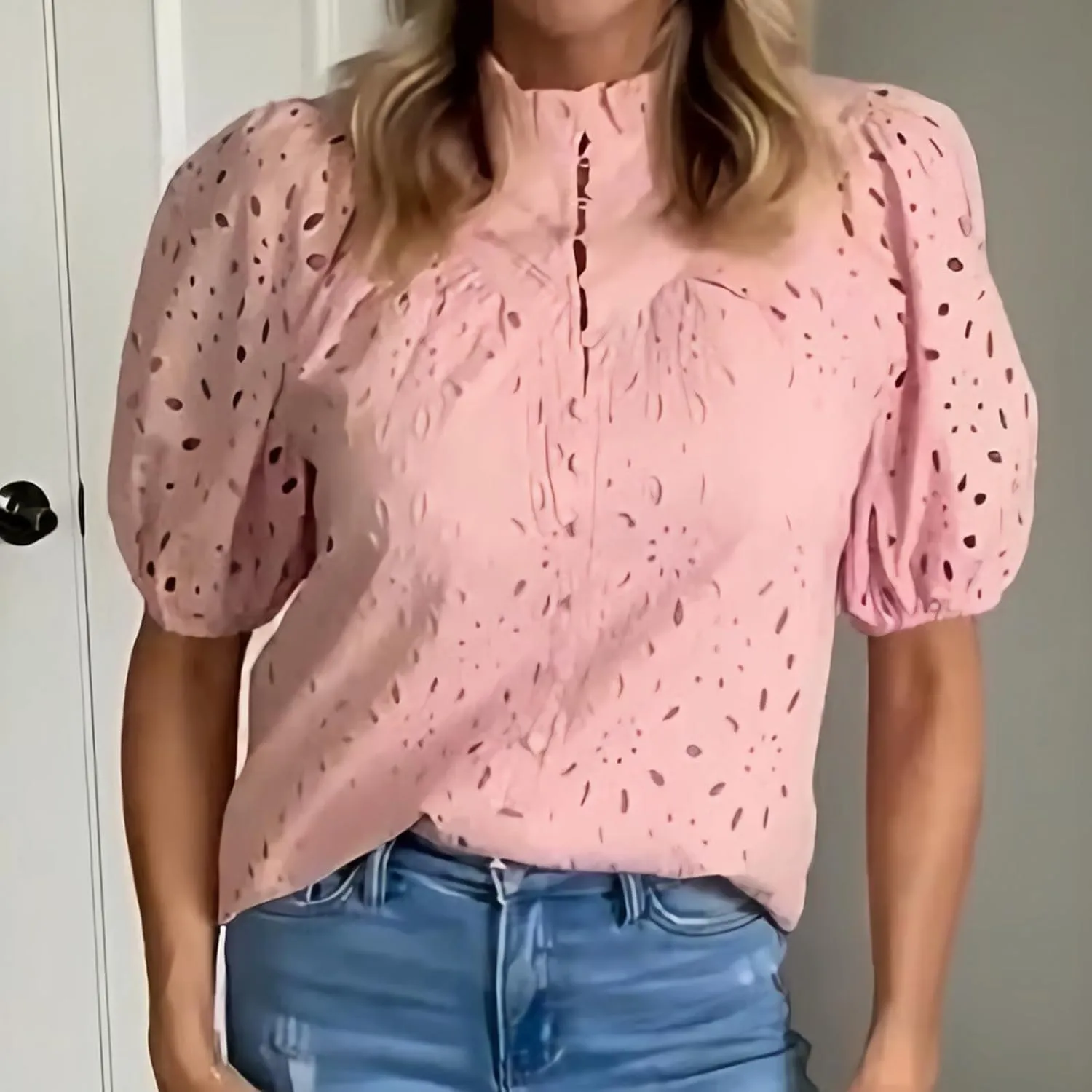 hathne Women's Embroidered Eyelet Blouses Tops Summer V Neck Hollow Out Lantern Short Sleeve Shirts
