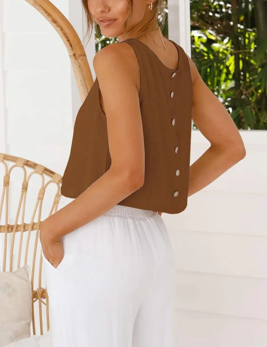 IDEALSANXUN Womens Linen Crop Tank Tops Cute Summer Sleeveless Cropped Linen Tops